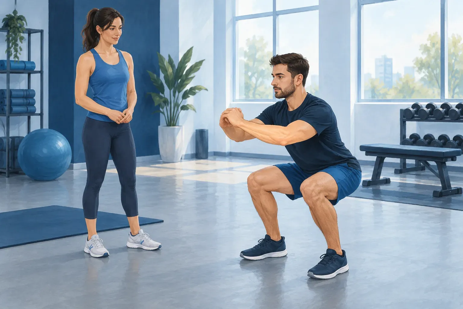 Illustration of a trainer demonstrating a bodyweight squat while a woman watches.