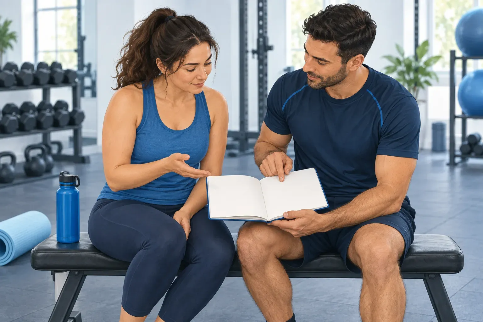 Illustration of a trainer and woman seated on a gym bench discussing an open blank notebook.