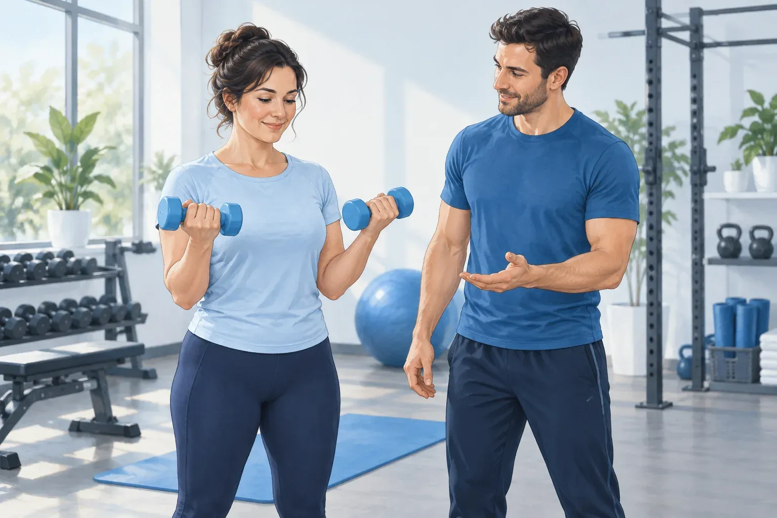 Illustration of a woman performing light dumbbell curls while a trainer beside her observes the movement.