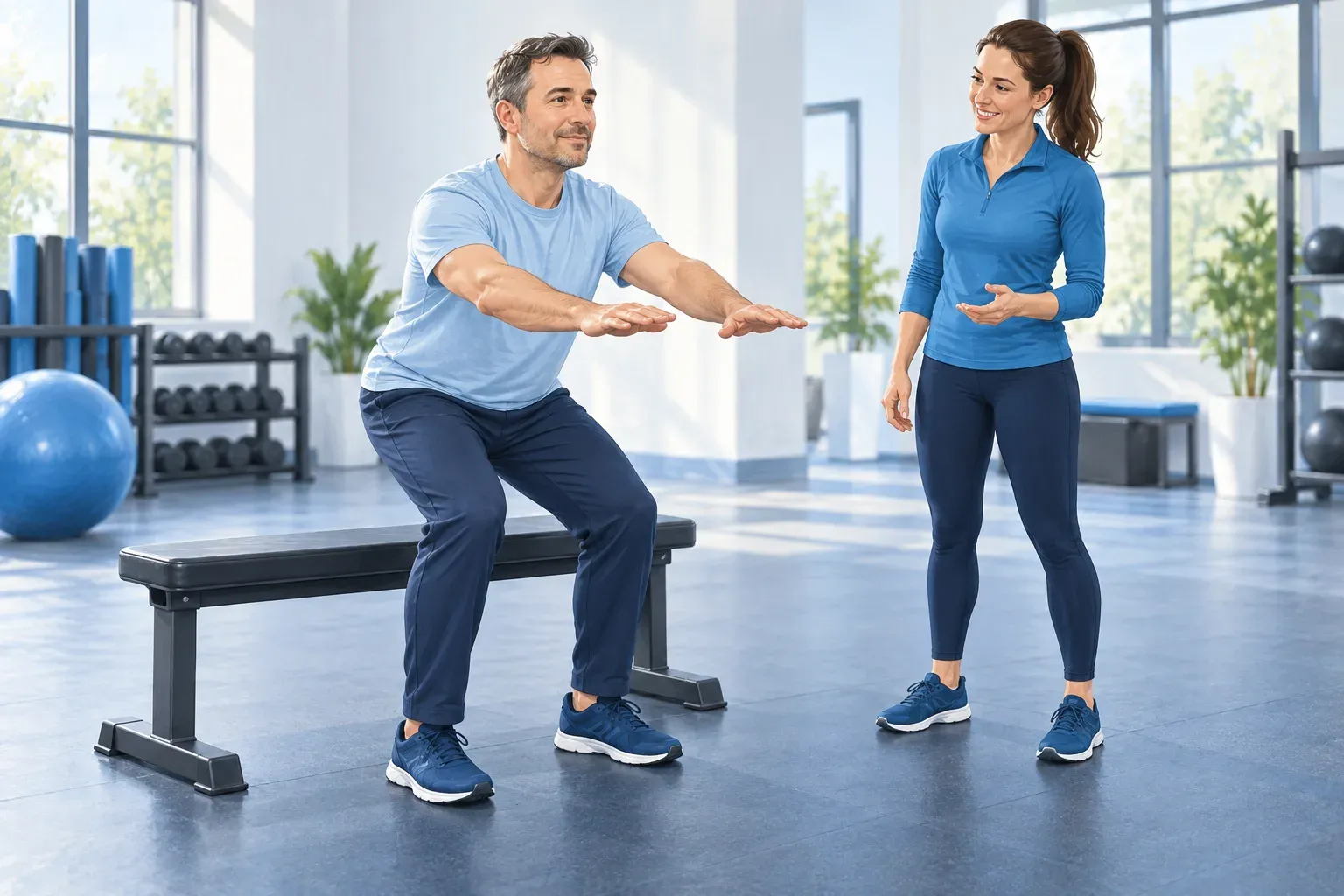 Illustration of a man practising standing up from a gym bench while a trainer observes