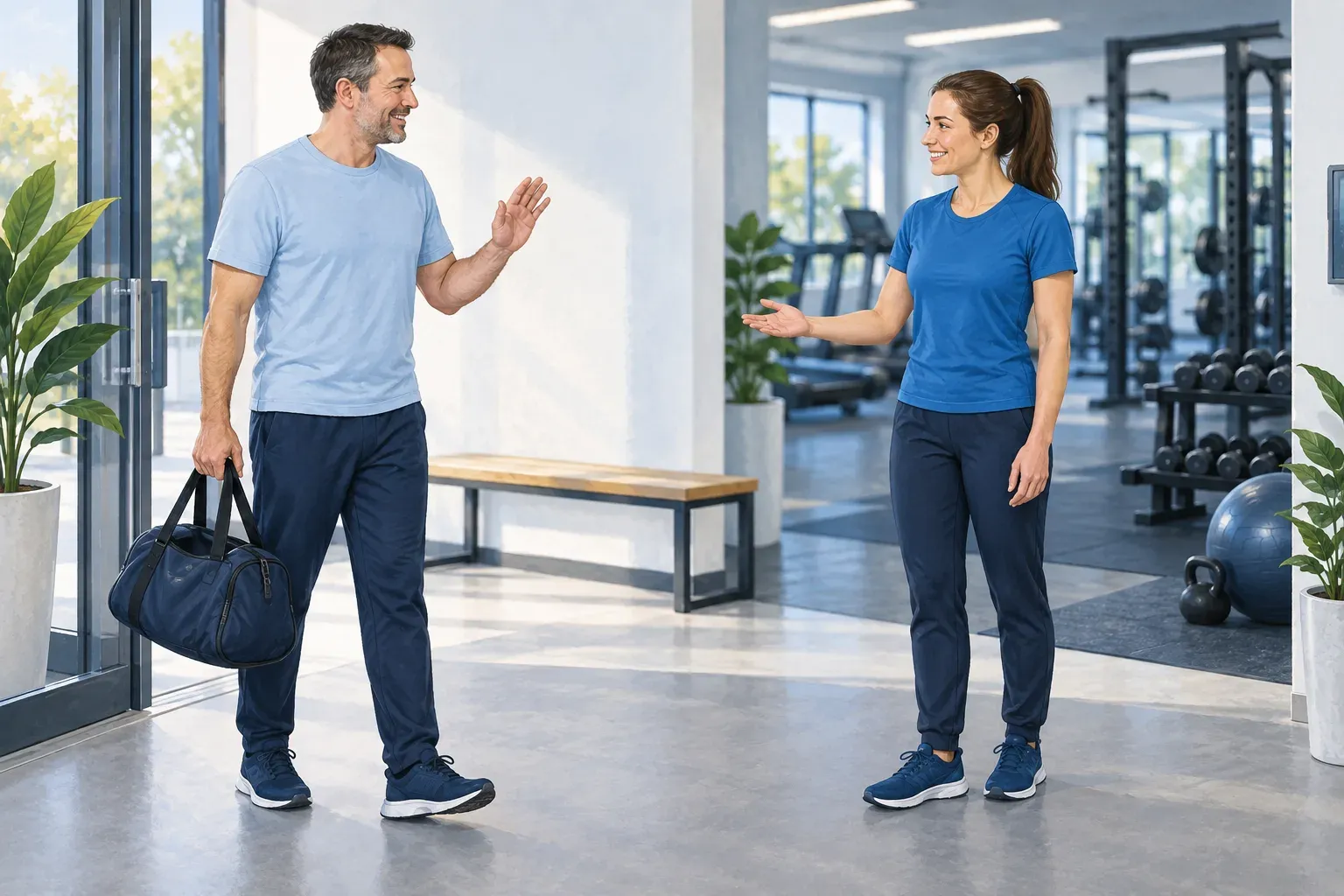 Illustration of a man with a gym bag greeting a female trainer in a gym