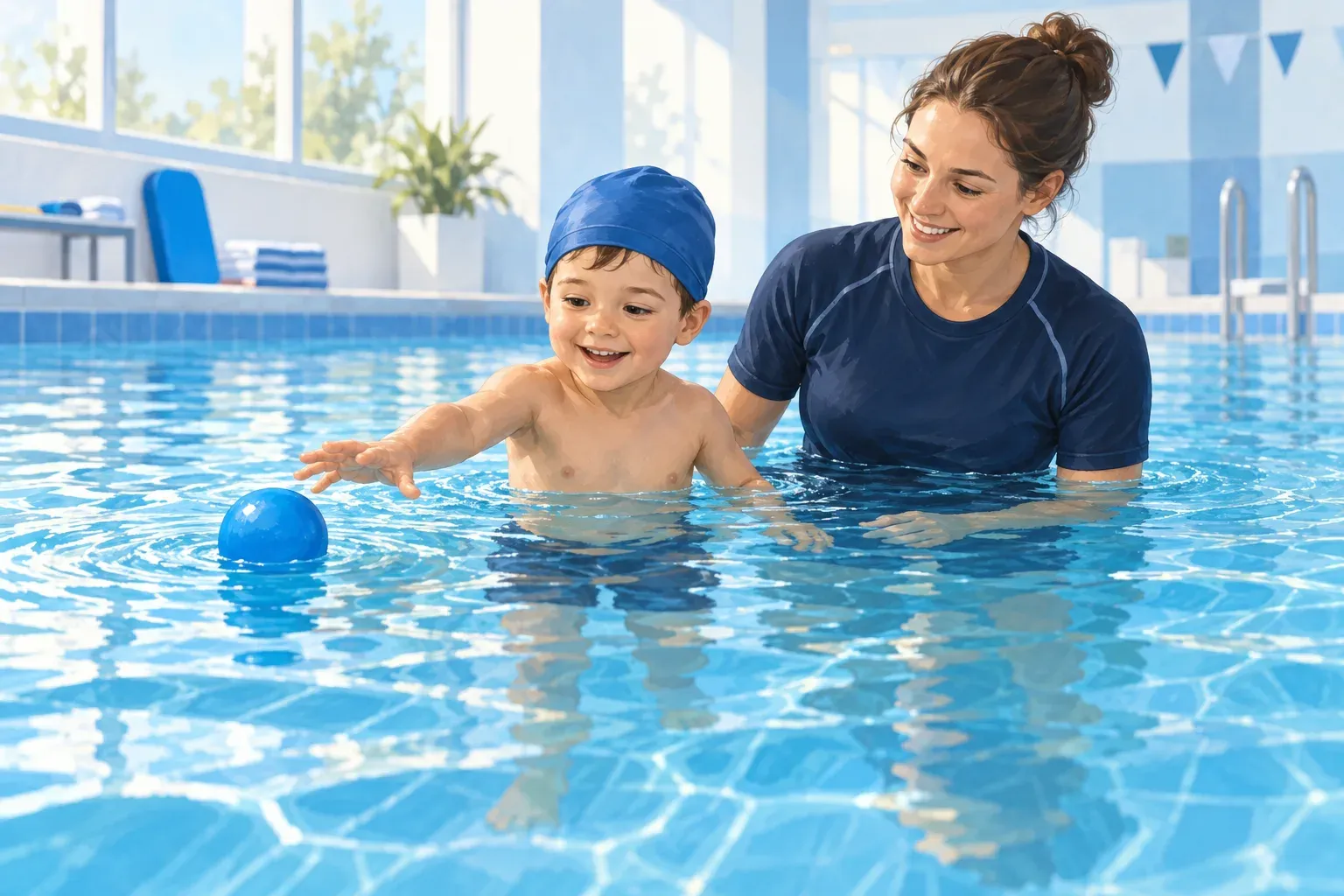 Illustration of a boy reaching for a floating blue ball with an instructor beside him