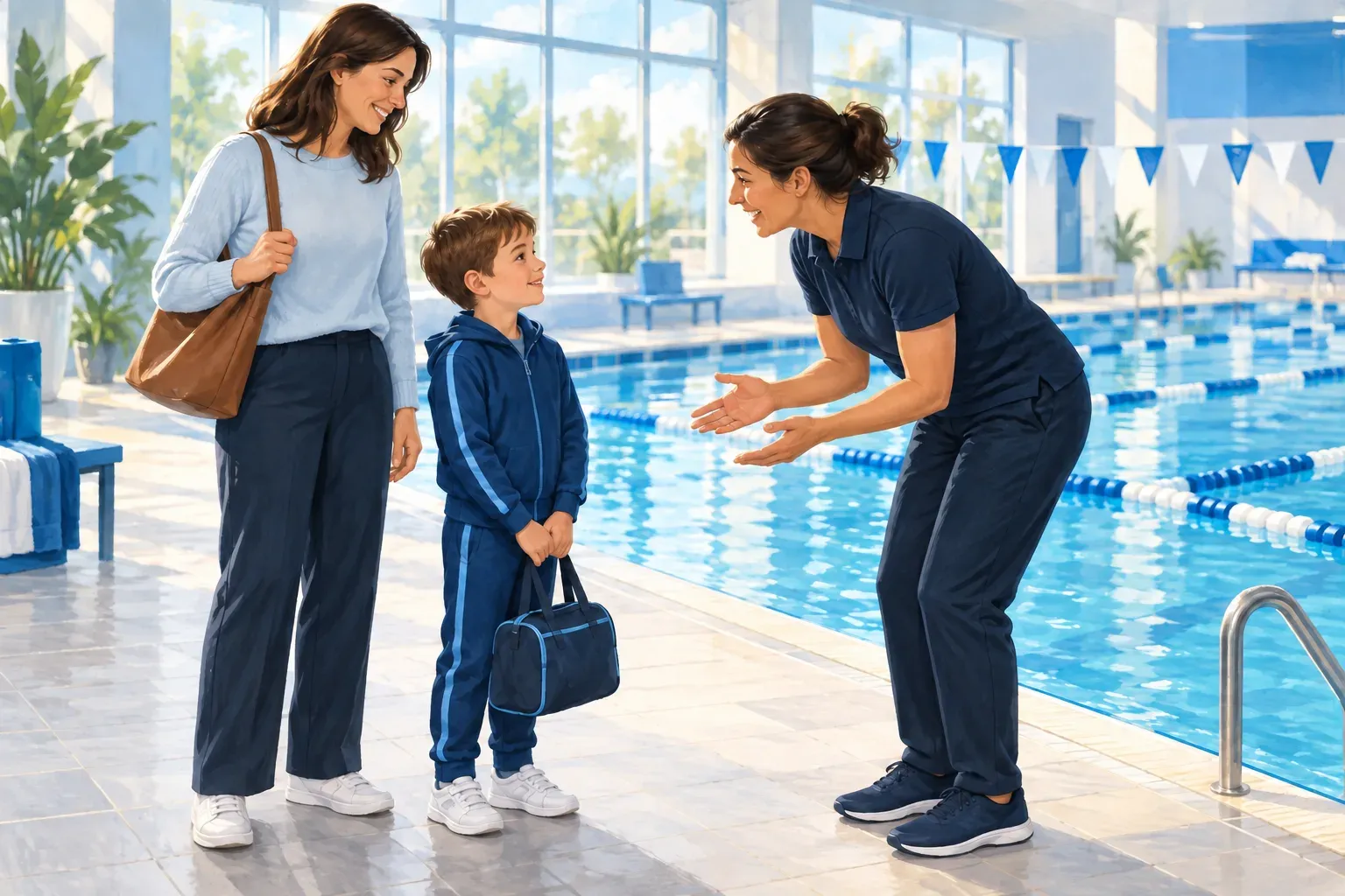 Editorial illustration of a mother and child meeting a swimming teacher beside a pool