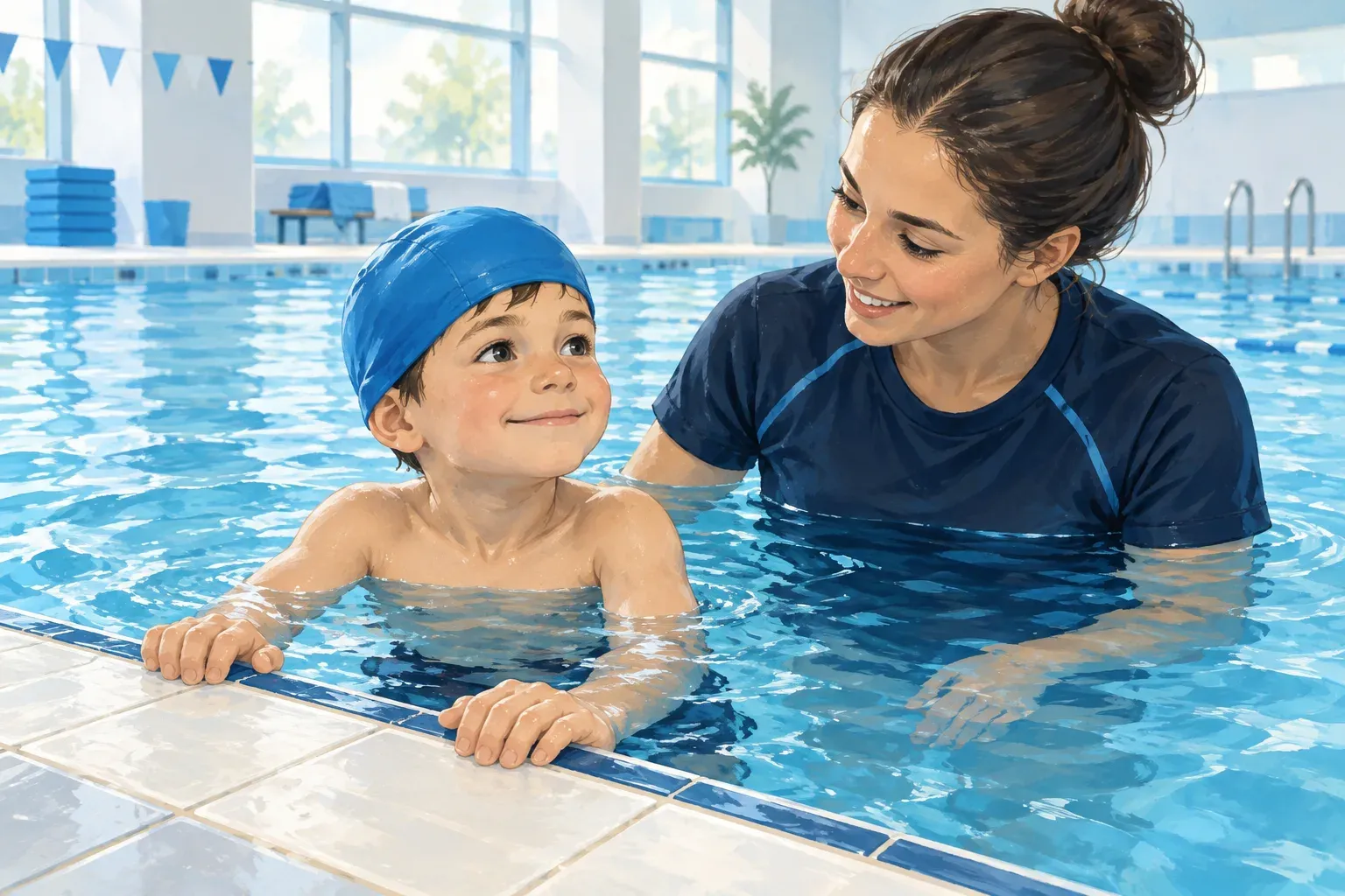 Illustration of a boy holding the pool edge with both hands and smiling at the instructor immediately beside him