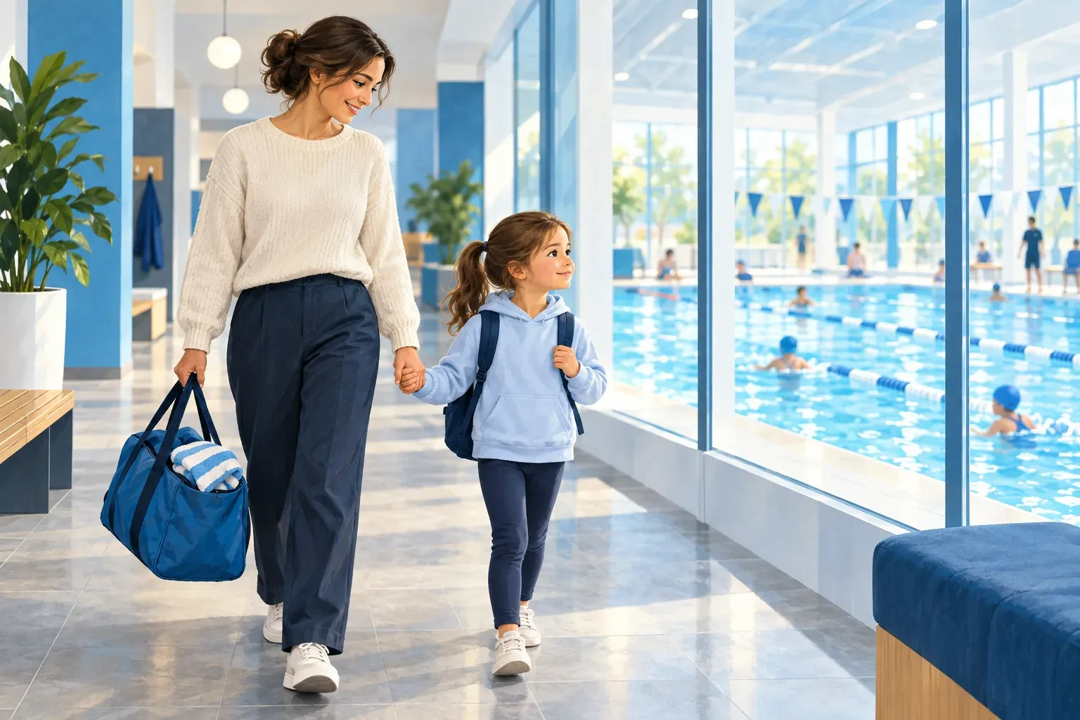 Illustration of a mother and a girl with a backpack walking hand in hand through a pool lobby
