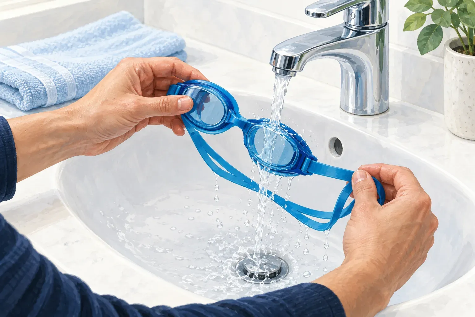 Illustration of adult hands rinsing swimming goggles under a tap