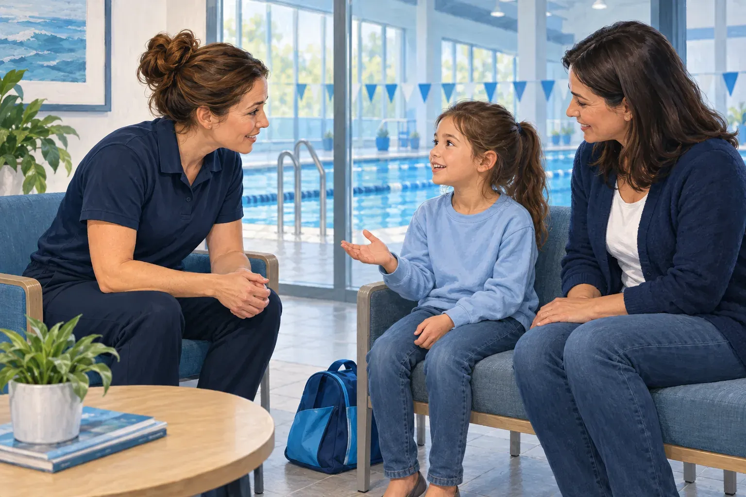 Illustration of a mother and swimming teacher listening to a child in the pool reception seating area