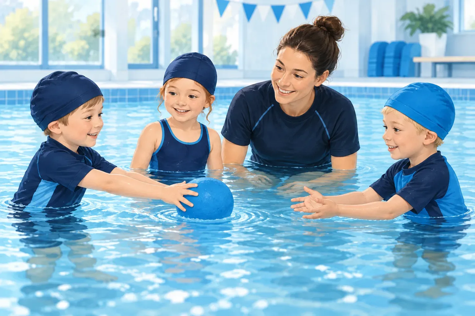 Illustration of three children moving a blue ball across pool water with their teacher supervising nearby