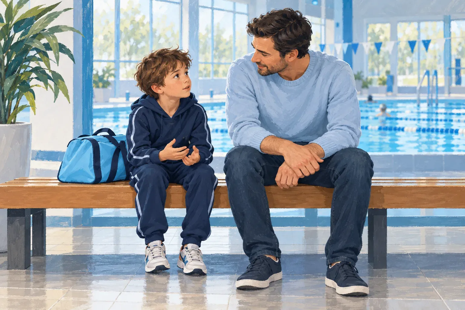 Illustration of an adult calmly talking with a child in a pool rest area