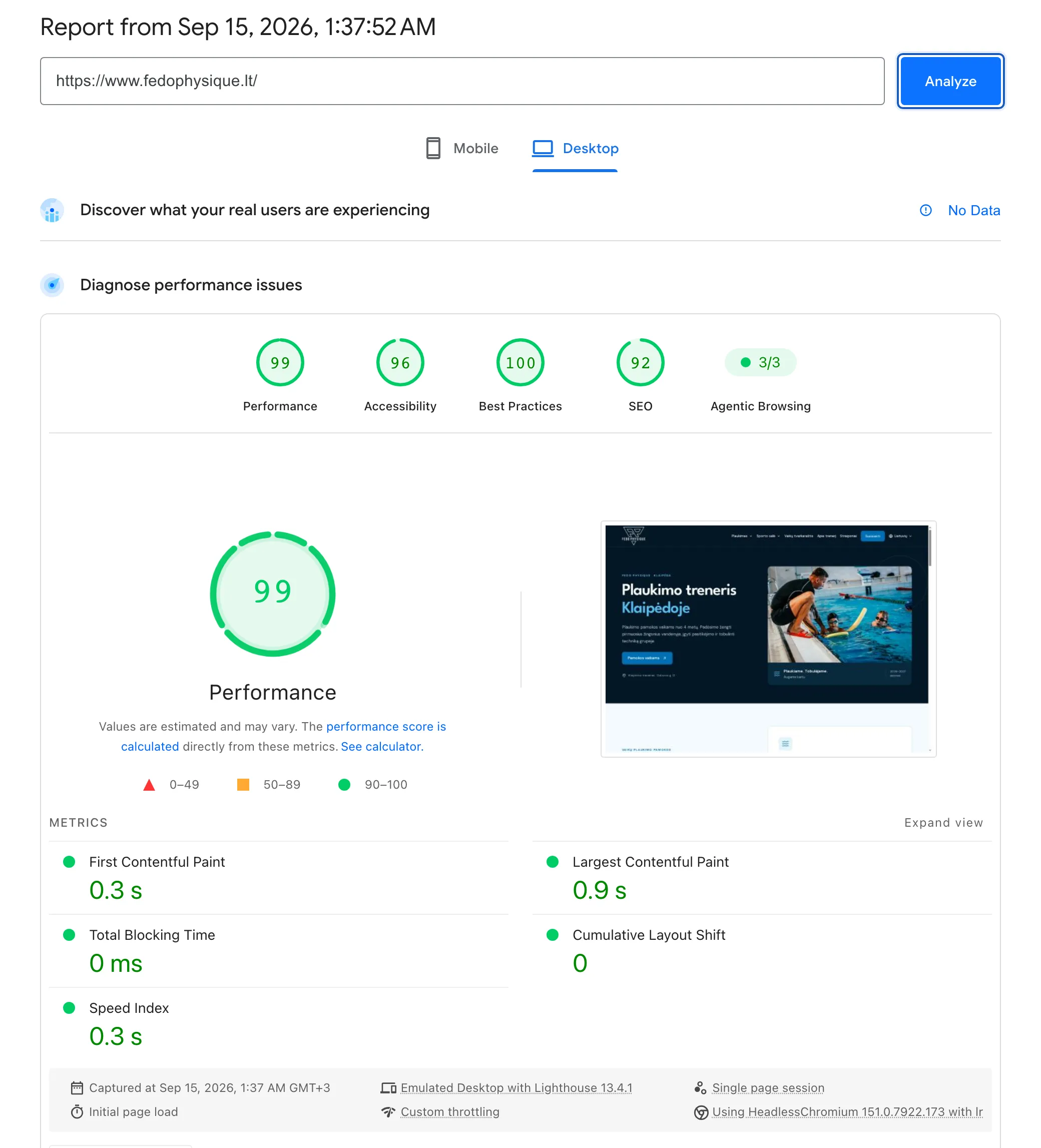 „Fedo Physique“ svetainės Google PageSpeed Insights kompiuterių testo rezultatai